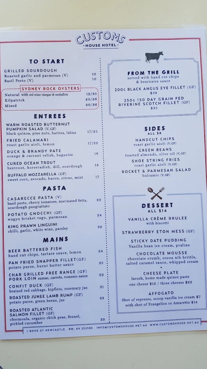 Menu, Customs House Hotel