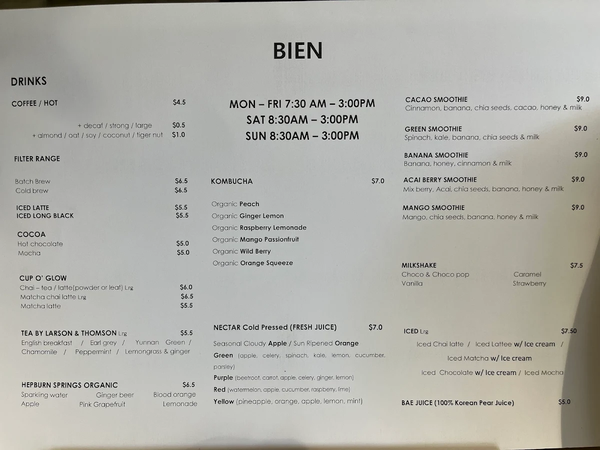 Menu, Cafe bien