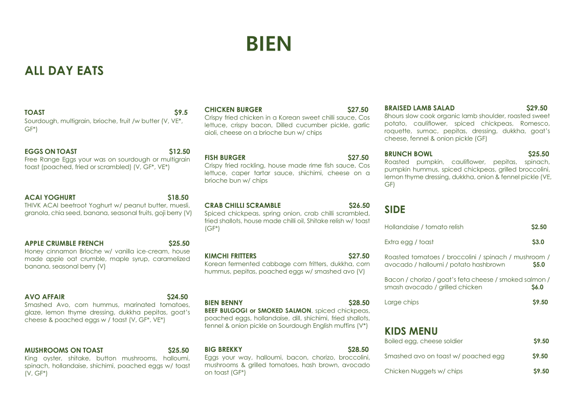 Menu, Cafe bien