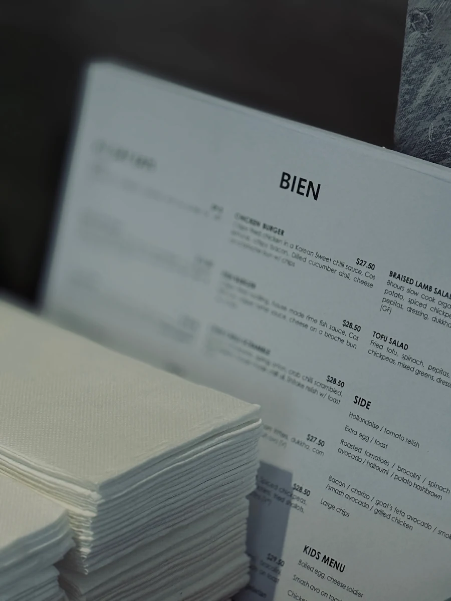 Menu, Cafe bien