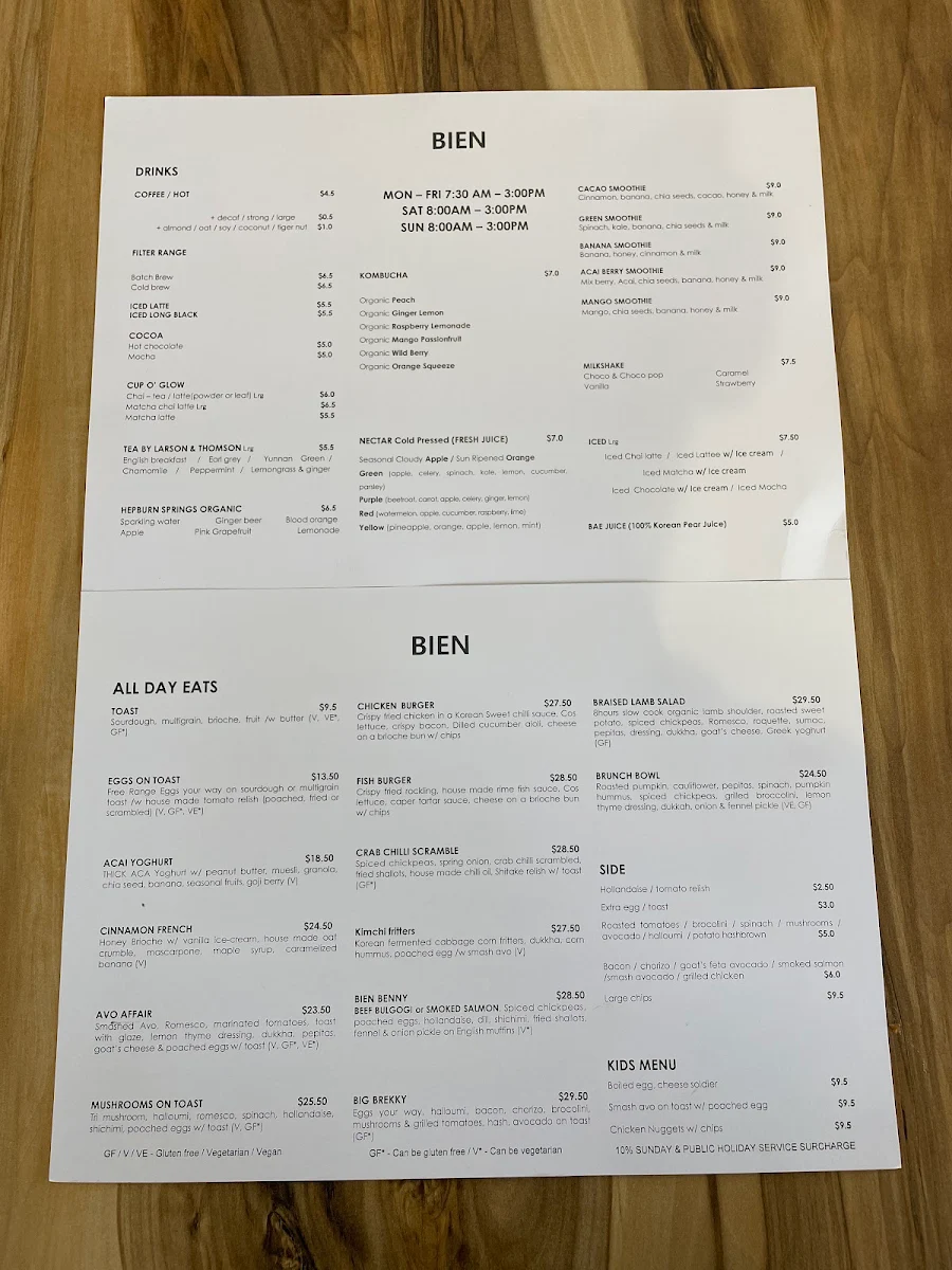 Menu, Cafe bien