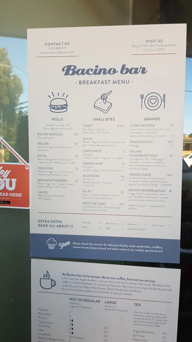 Menu, Bacino Espresso Curl Curl
