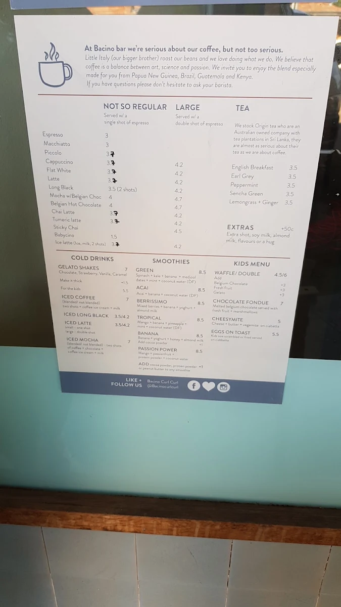 Menu, Bacino Espresso Curl Curl
