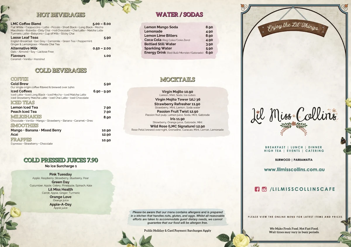Menu, Lil Miss Collins Burwood