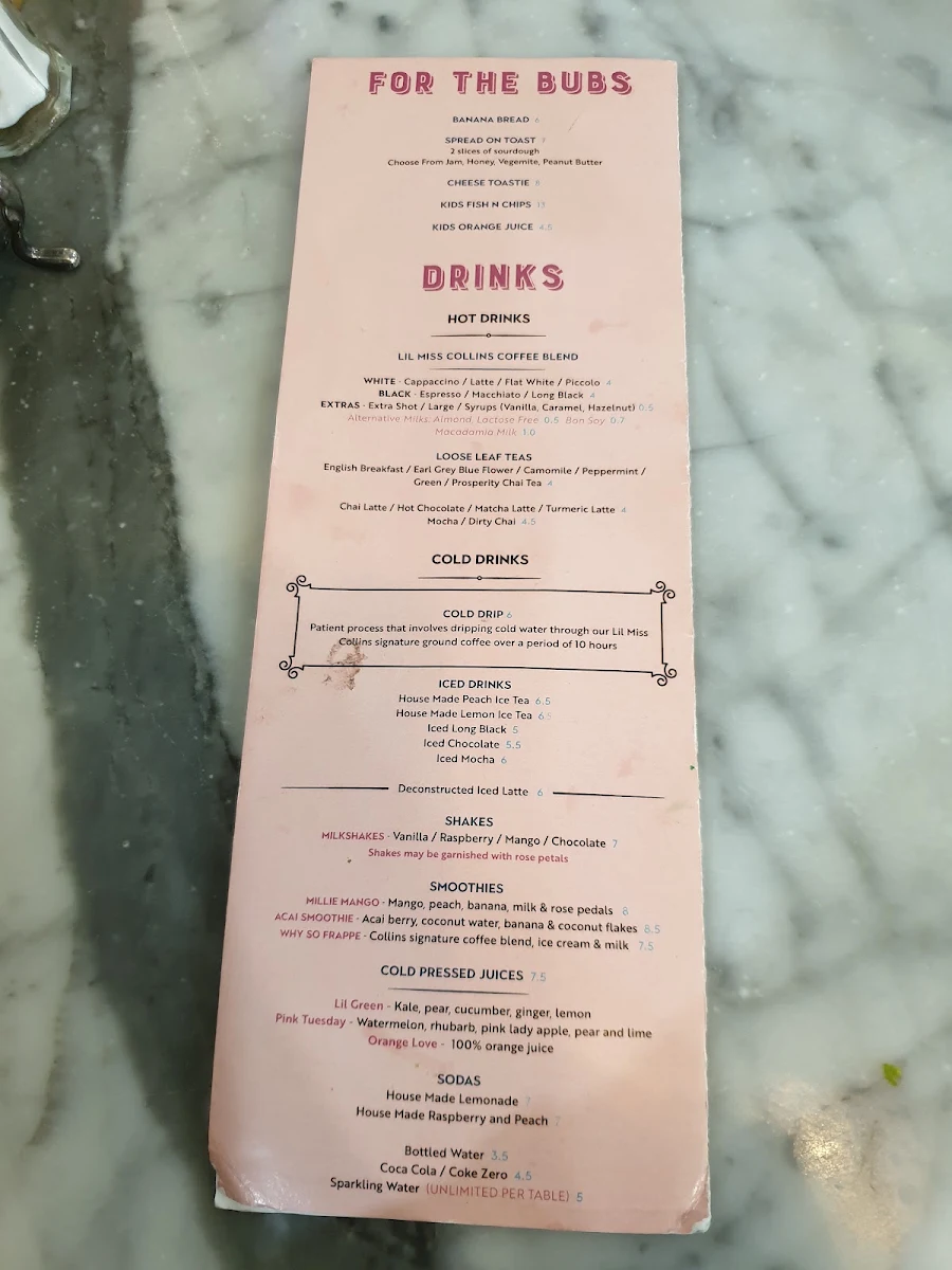 Menu, Lil Miss Collins Burwood