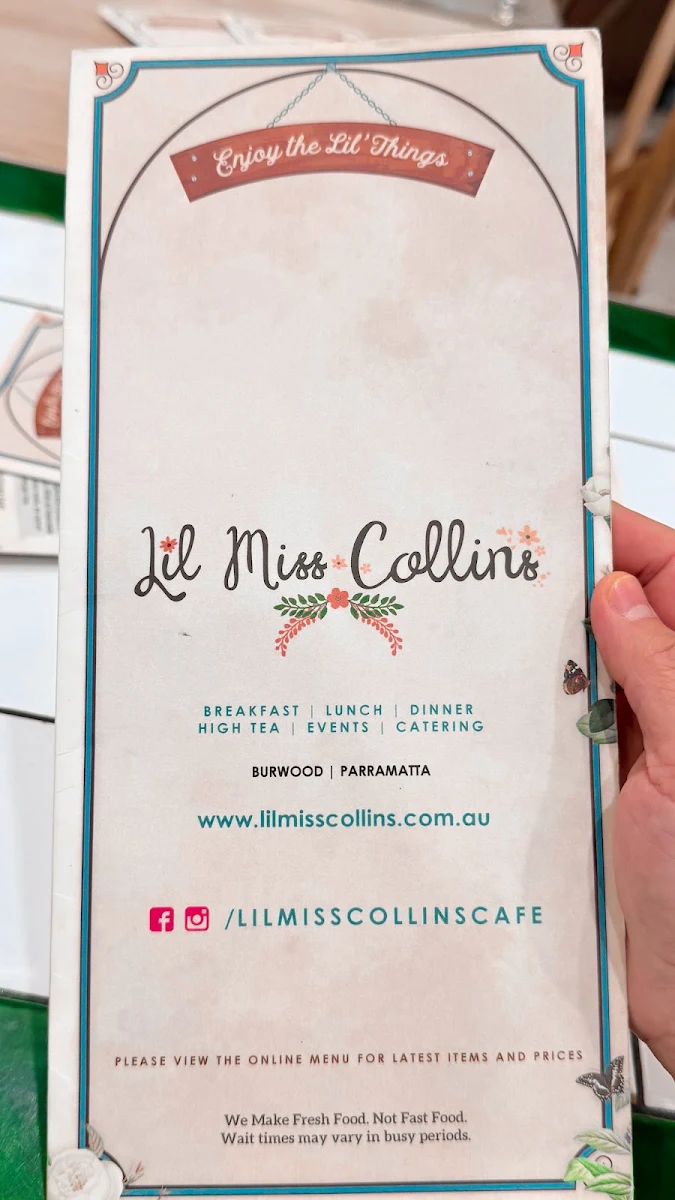 Menu, Lil Miss Collins Burwood