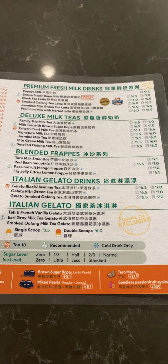 Menu, Orange Tea Toowong Village