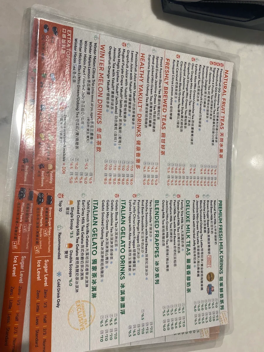 Menu, Orange Tea Toowong Village