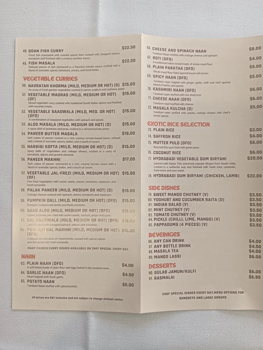 Menu, Chingaari Indian Restaurant