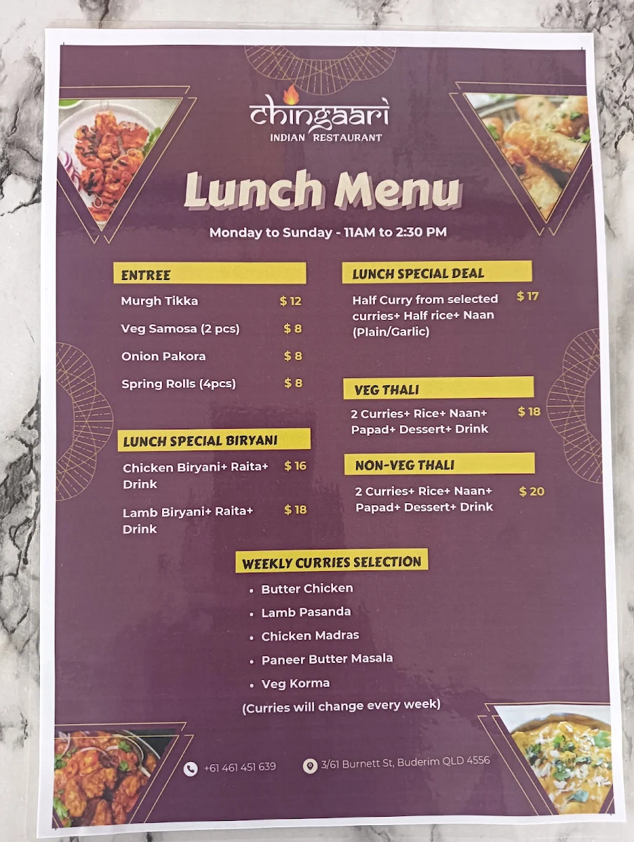 Menu, Chingaari Indian Restaurant