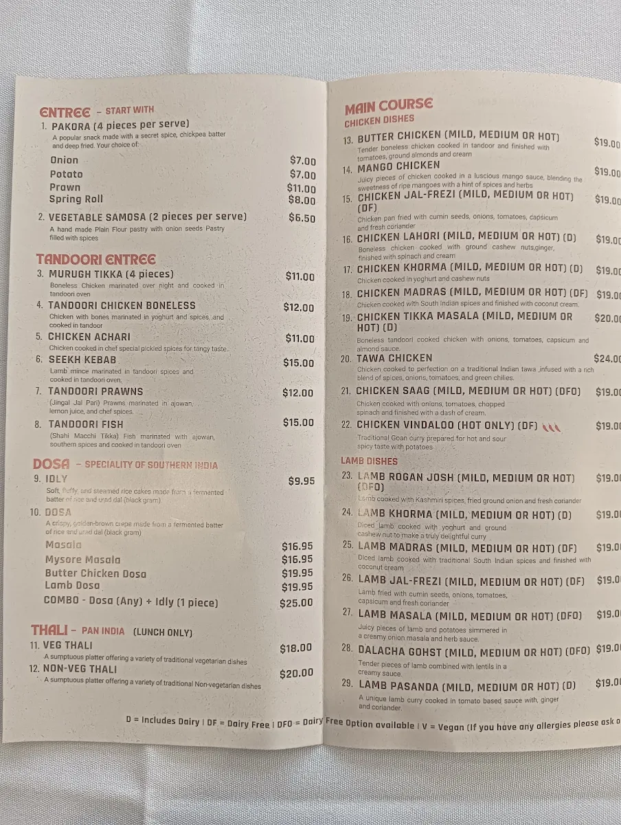 Menu, Chingaari Indian Restaurant