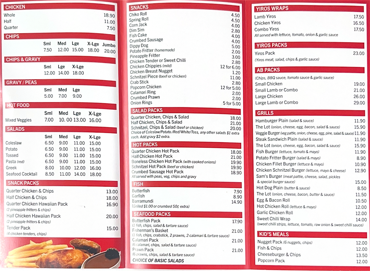 Menu, Tanunda Chicken & Seafood