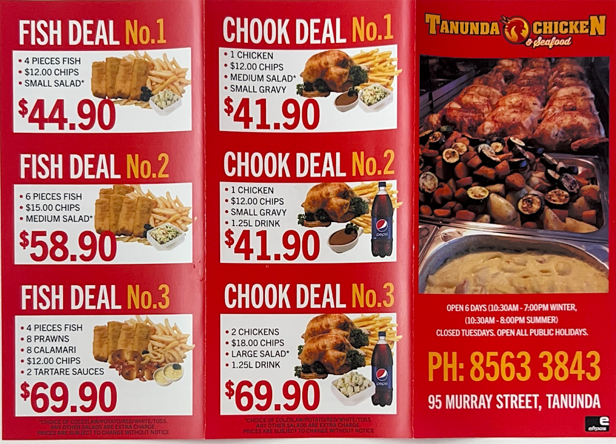 Menu, Tanunda Chicken & Seafood