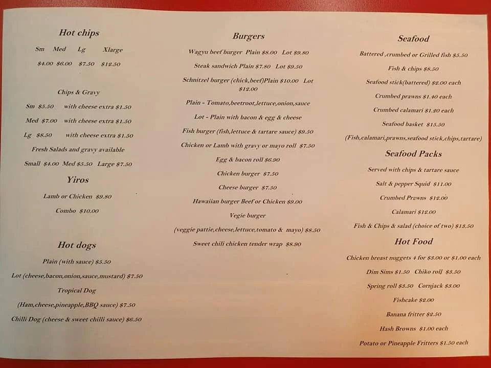 Menu, Tanunda Chicken & Seafood