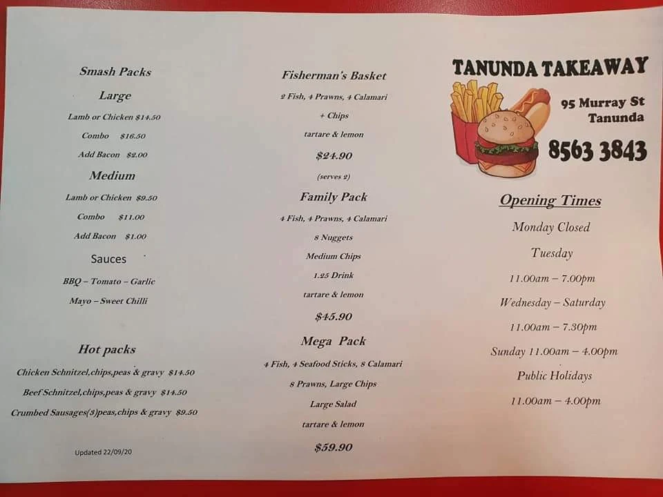 Menu, Tanunda Chicken & Seafood
