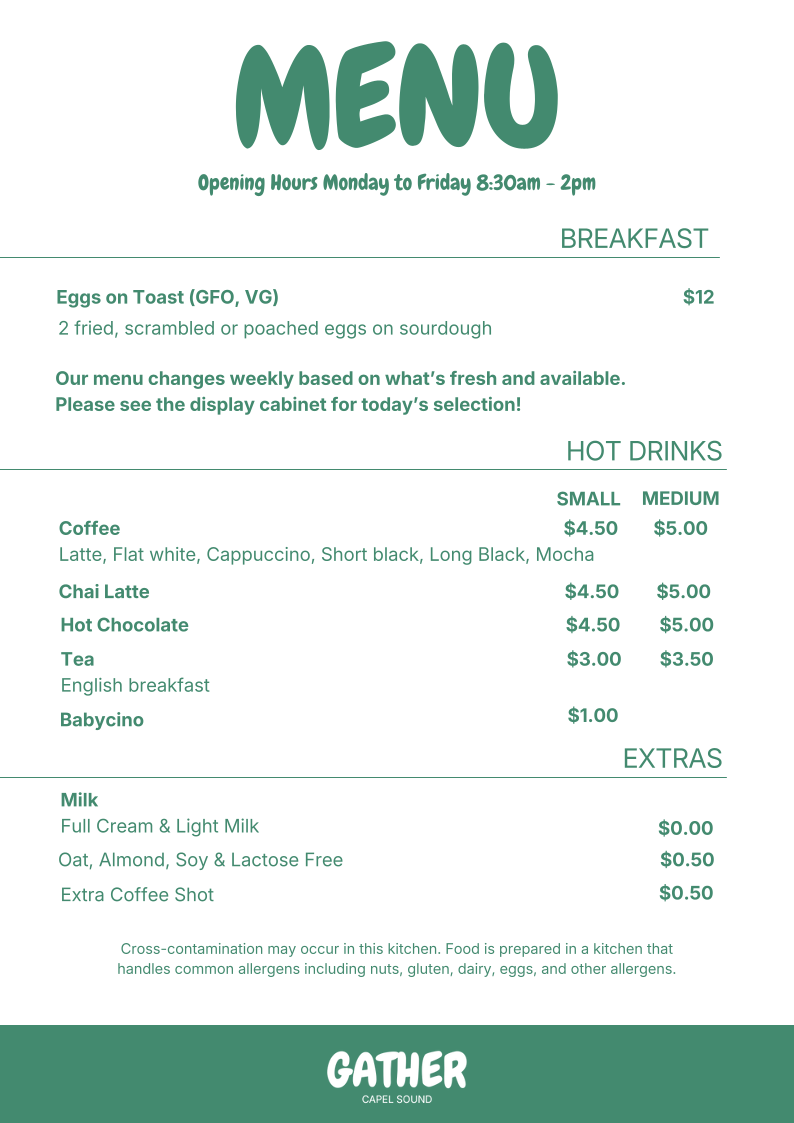 Menu, Gather Cafe