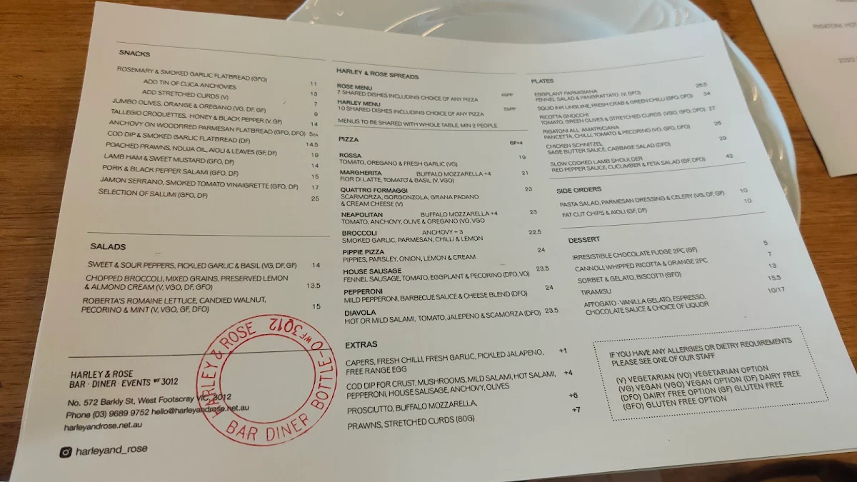 Menu, Harley & Rose