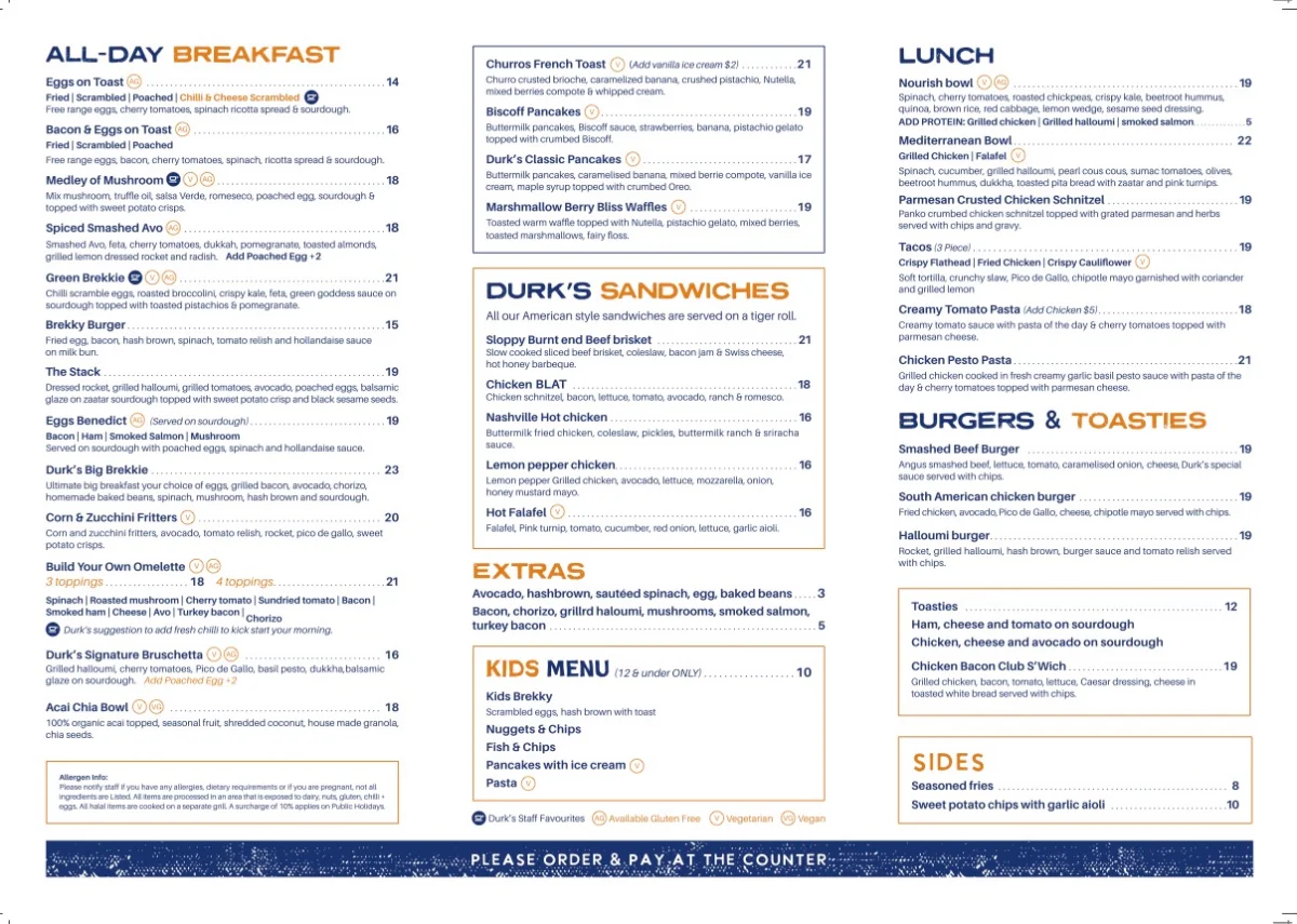 Menu, Durk's Cafe + Eatery Tallawong