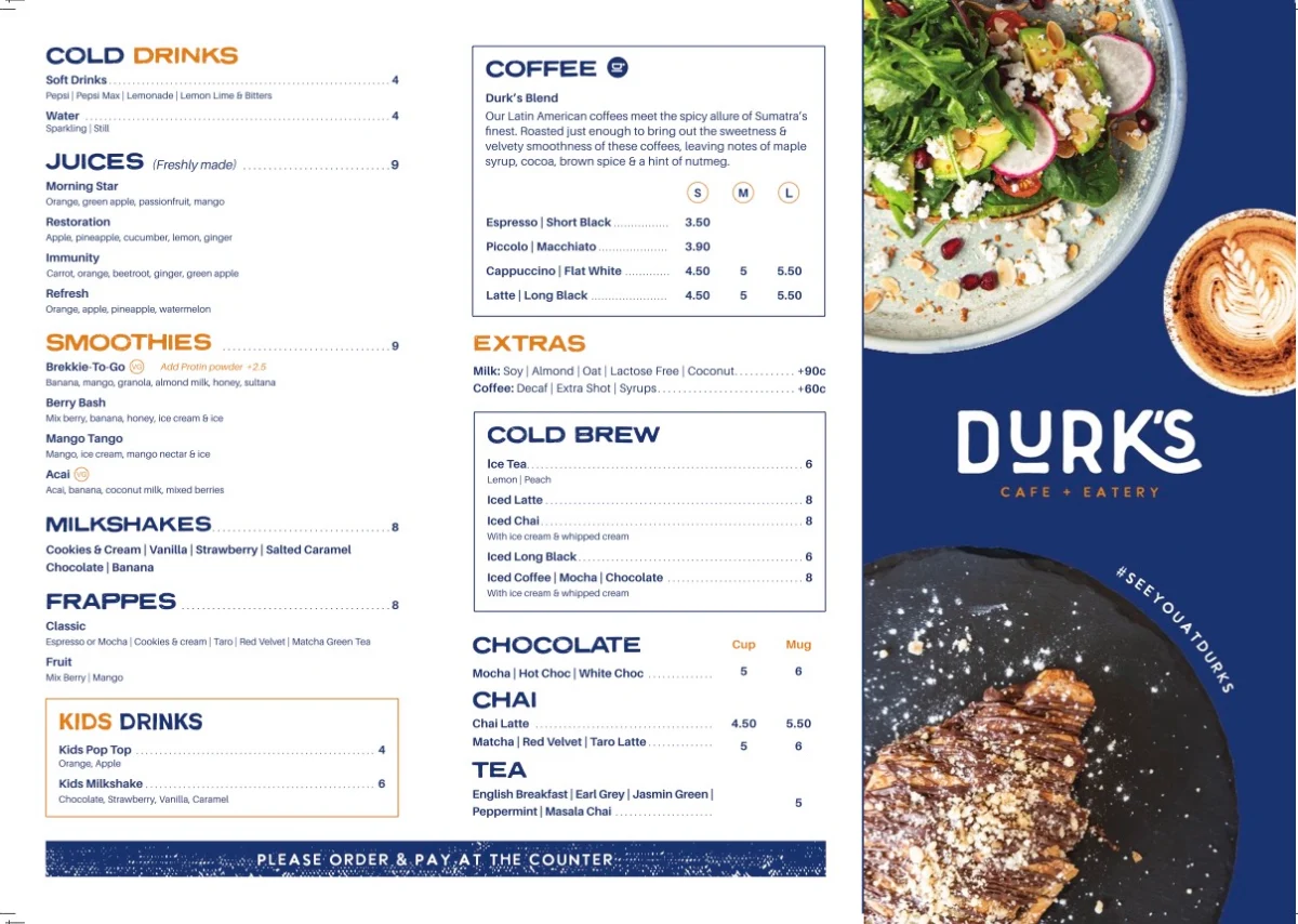 Menu, Durk's Cafe + Eatery Tallawong