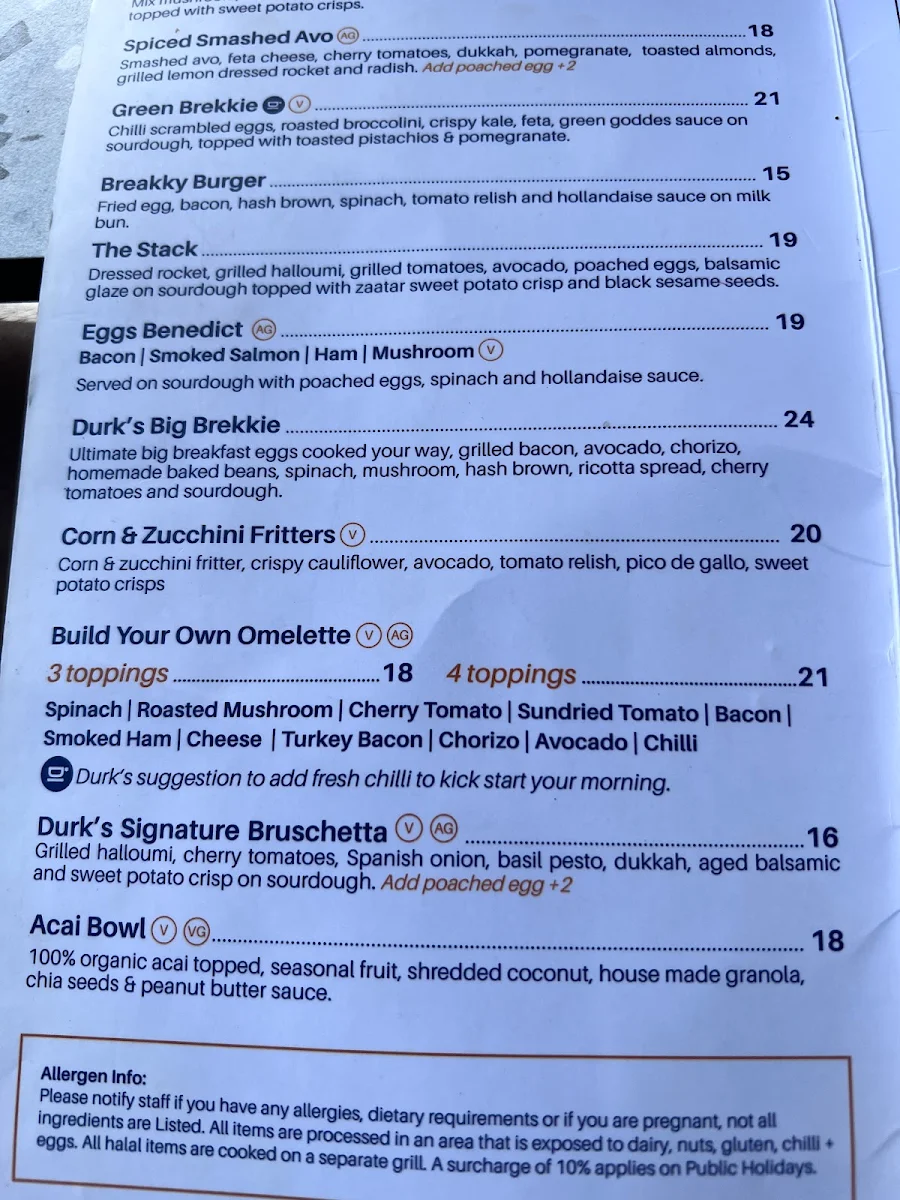 Menu, Durk's Cafe + Eatery Tallawong