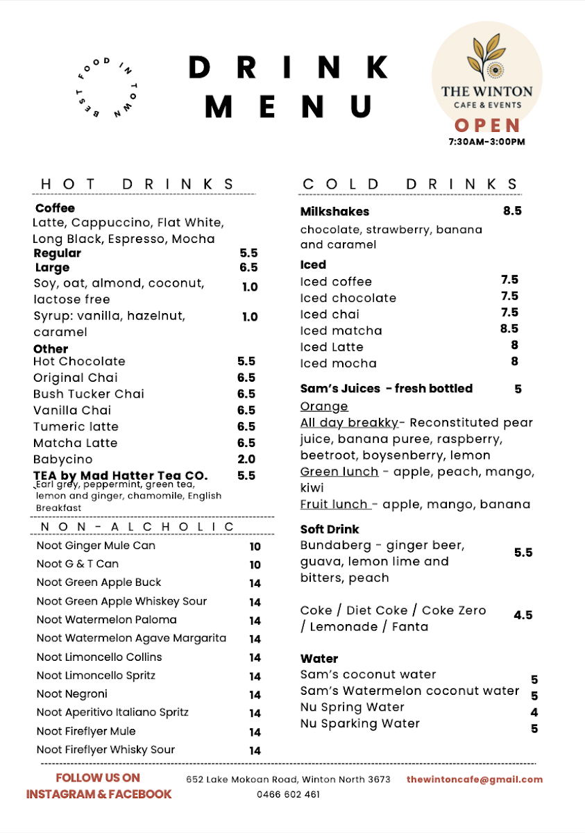 Menu, The Winton Cafe and Events