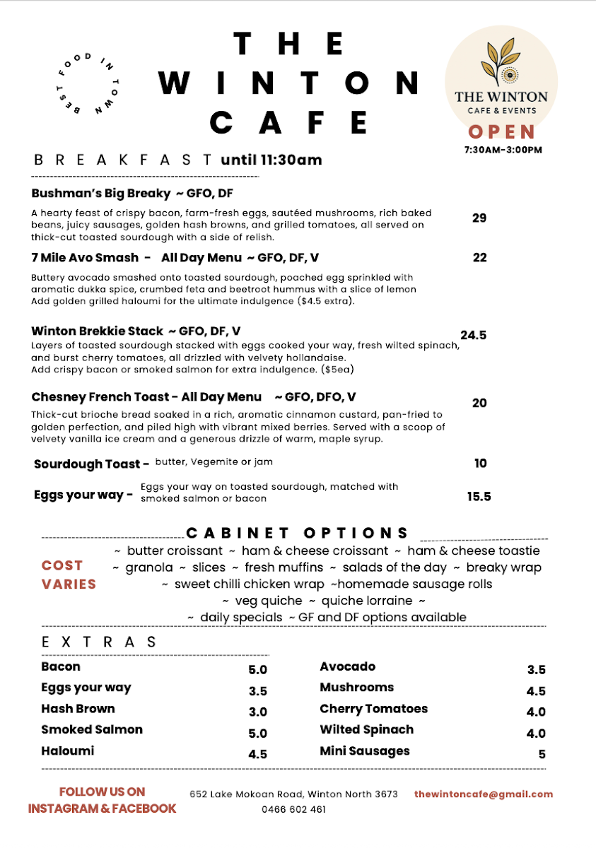 Menu, The Winton Cafe and Events