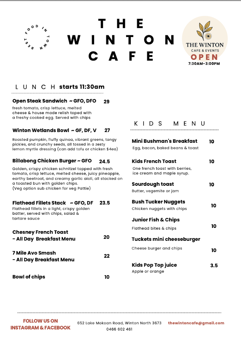 Menu, The Winton Cafe and Events