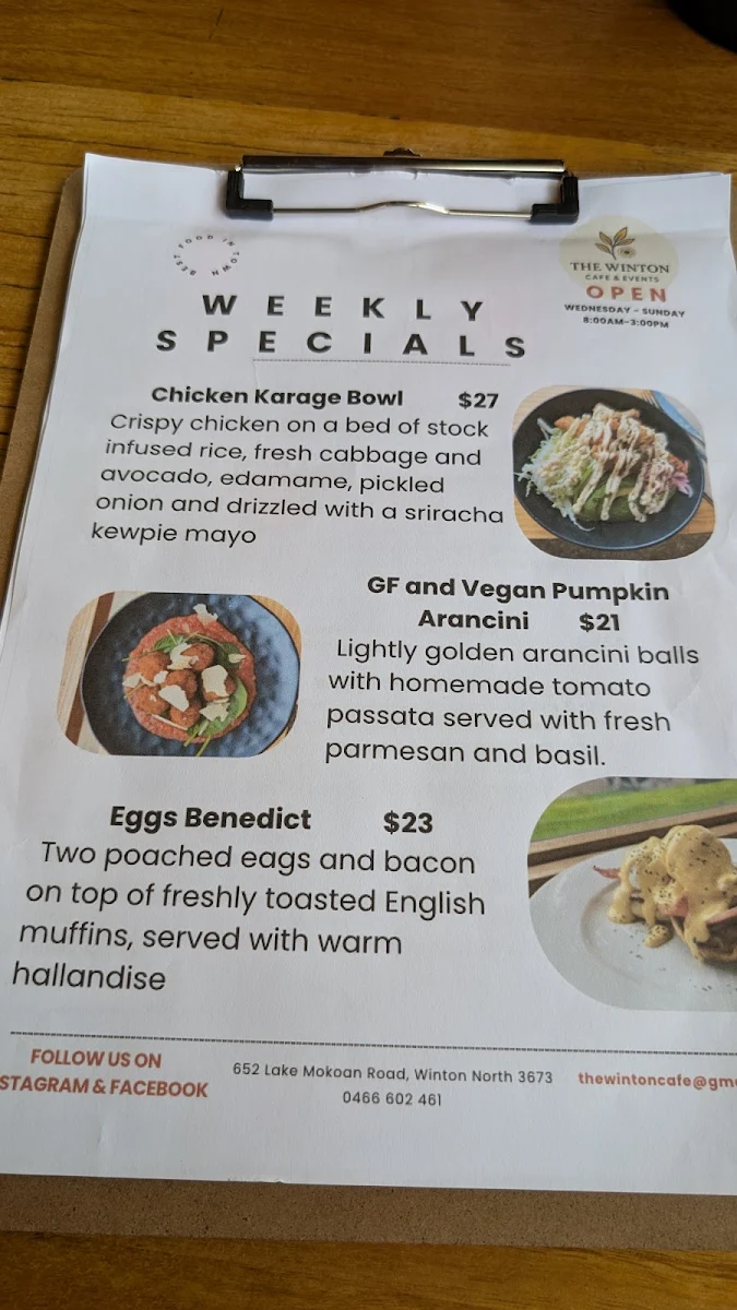 Menu, The Winton Cafe and Events
