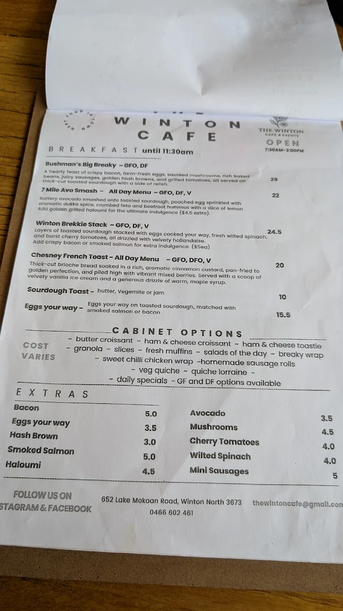 Menu, The Winton Cafe and Events