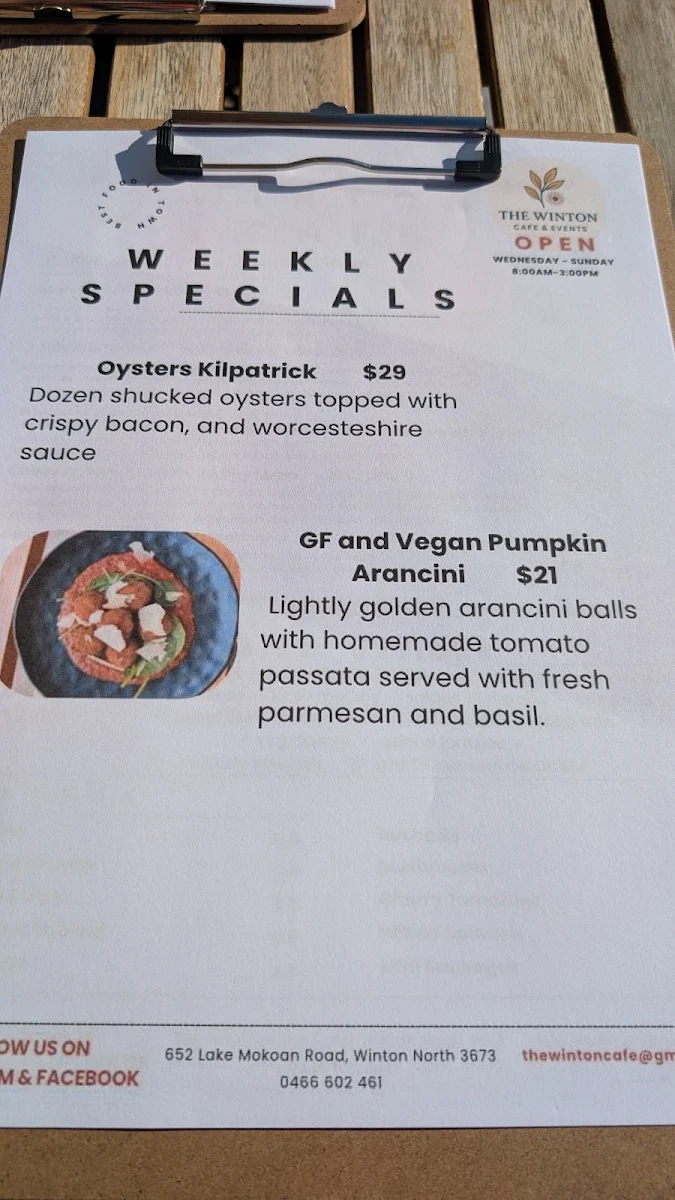 Menu, The Winton Cafe and Events