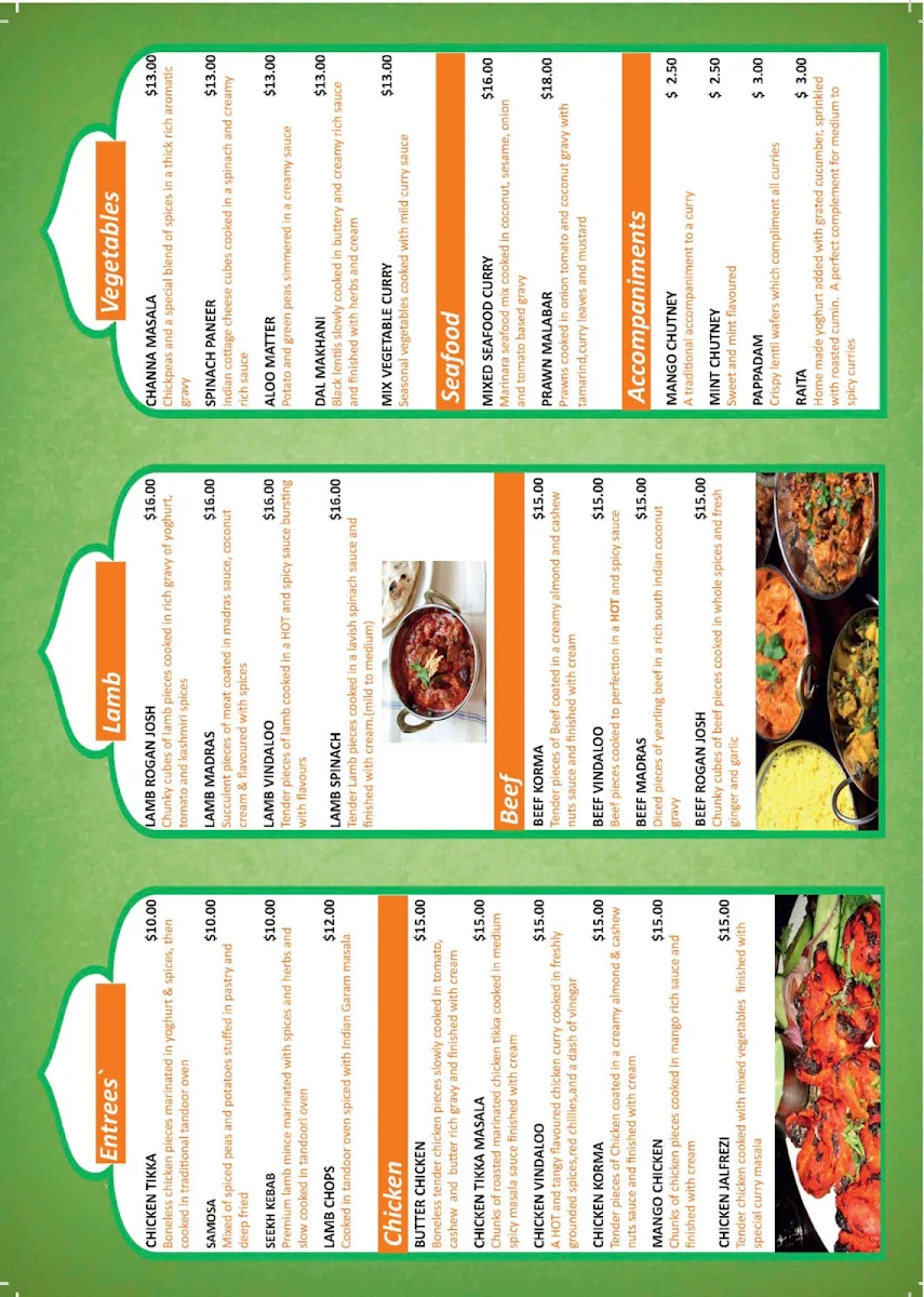 Menu, Kadina Indian takeaway