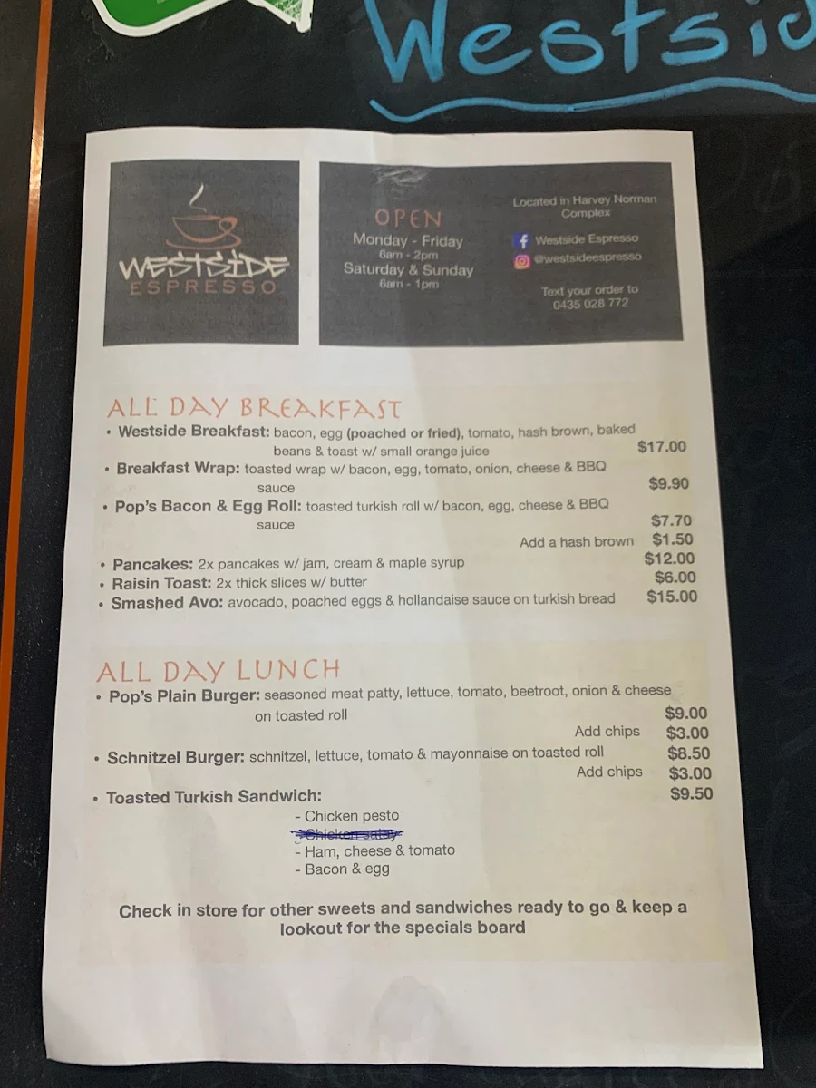 Menu, Westside Espresso Cafe