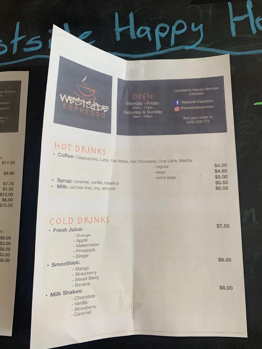 Menu, Westside Espresso Cafe