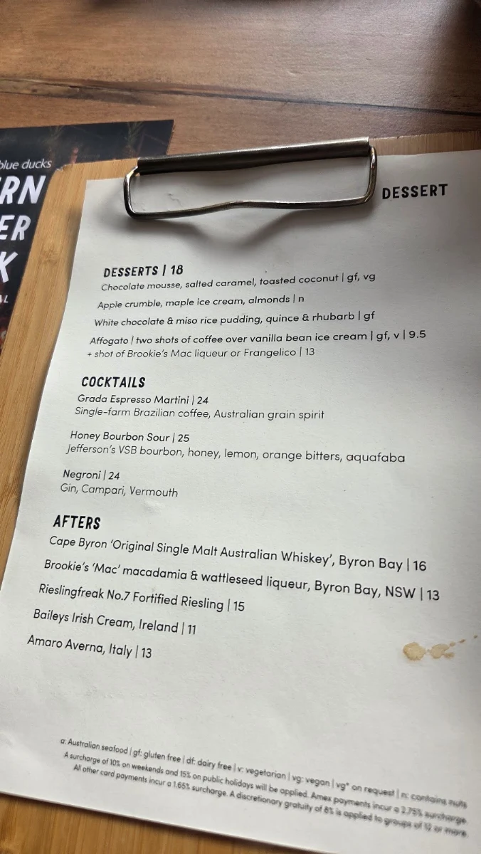 Menu, Three Blue Ducks, Byron Bay