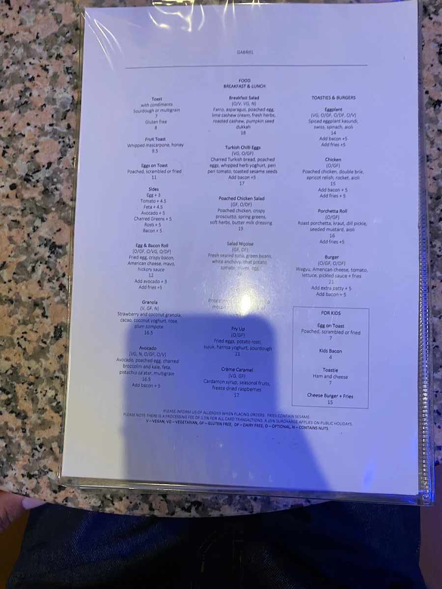 Menu, GABRIEL FITZROY