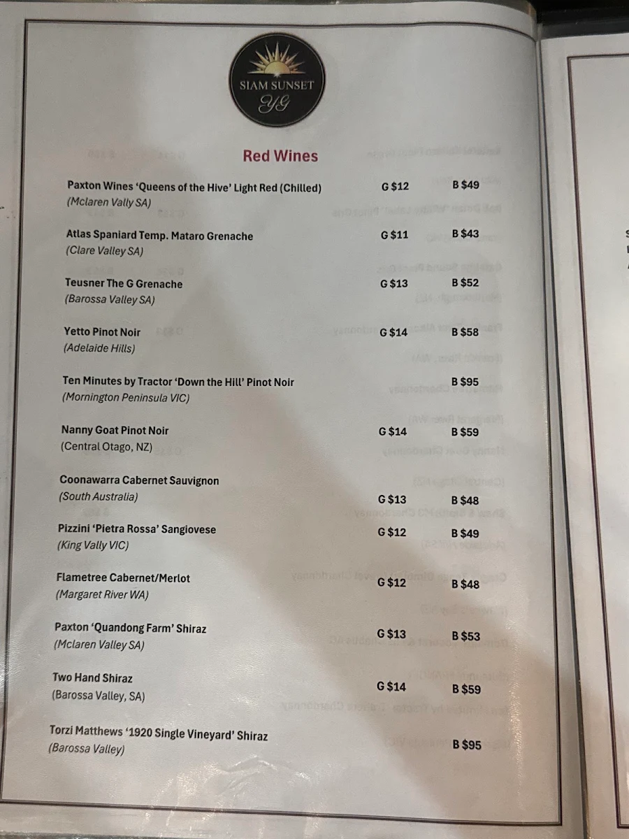 Menu, Siam Sunset @ YG