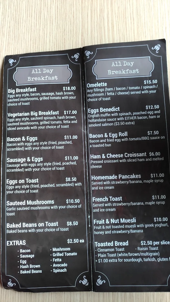 Menu, Pennant Hills Heritage Cafe