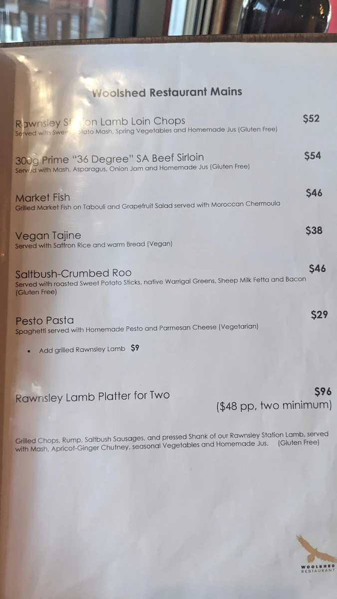Menu, Woolshed Restaurant