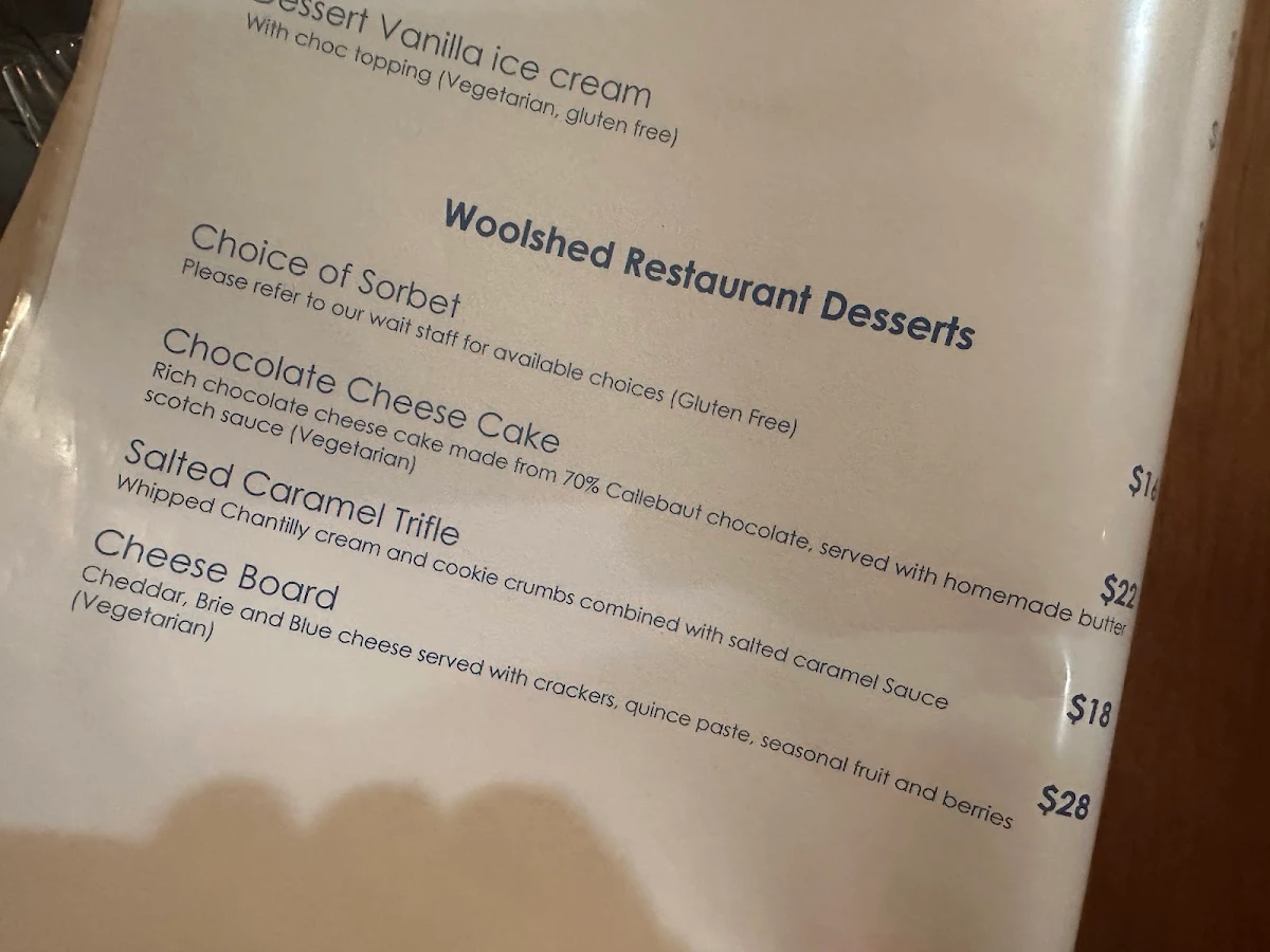 Menu, Woolshed Restaurant