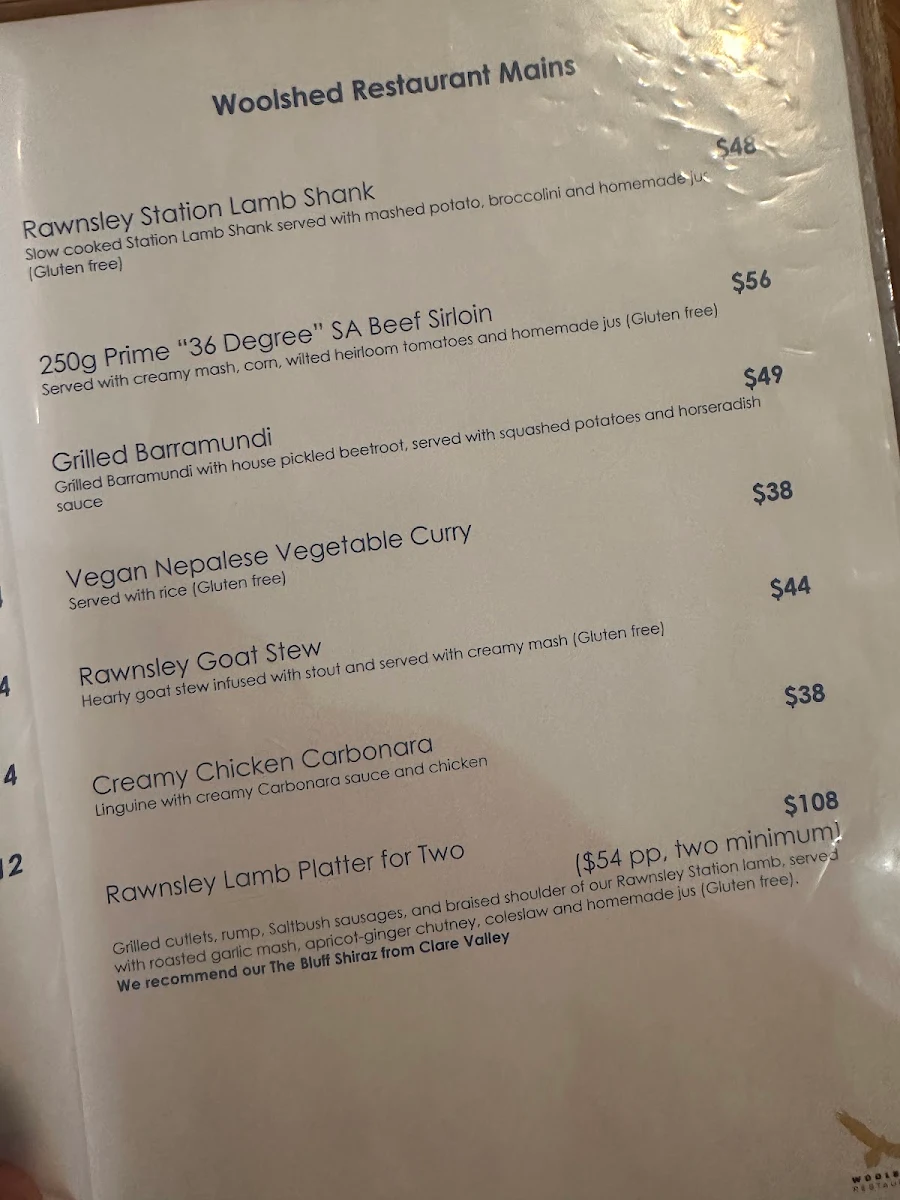 Menu, Woolshed Restaurant