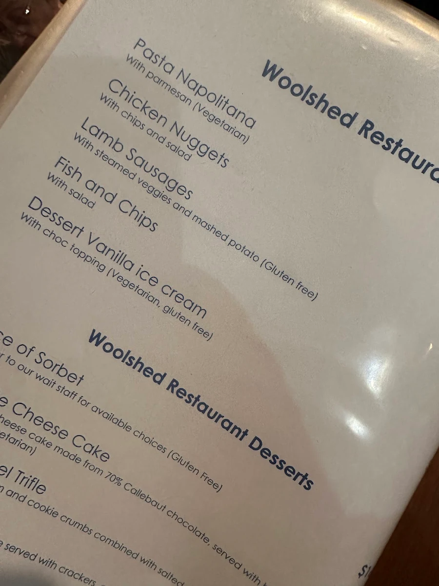 Menu, Woolshed Restaurant