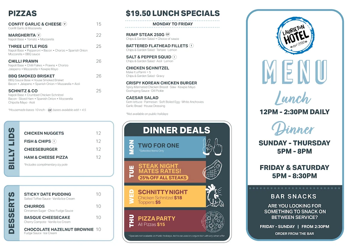 Menu, Laurieton Hotel