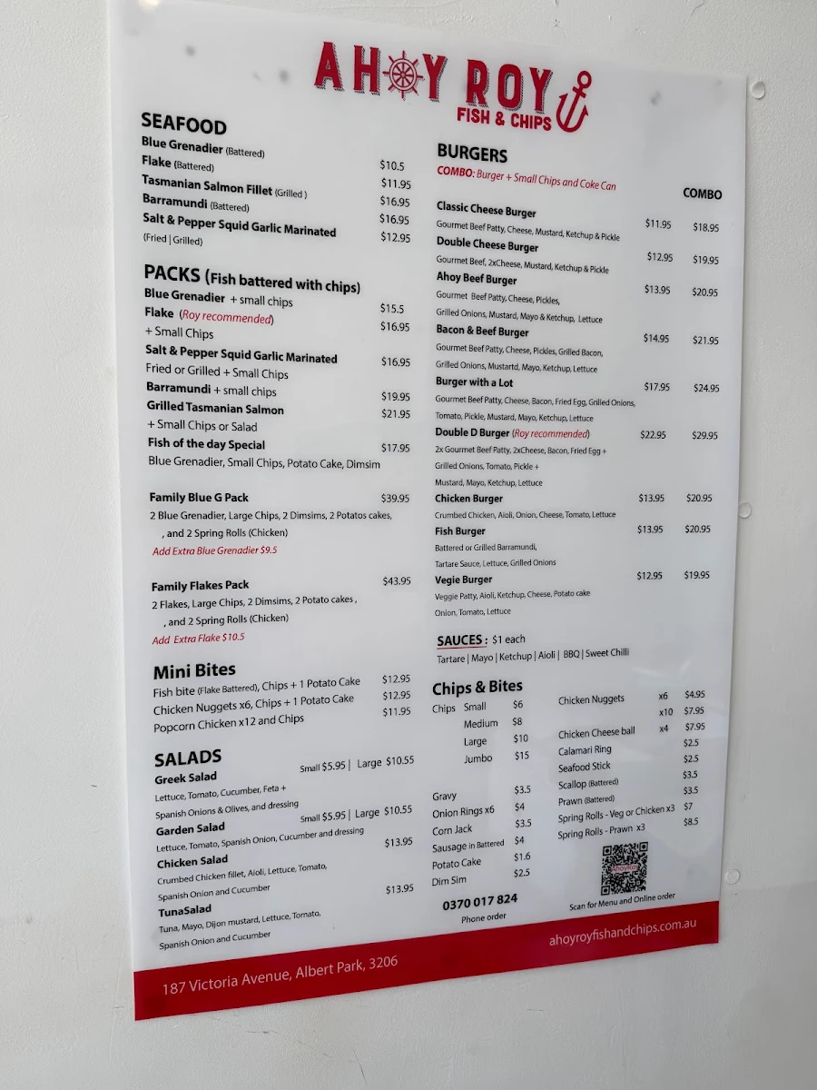 Menu, Ahoy Roy Fish and Chips