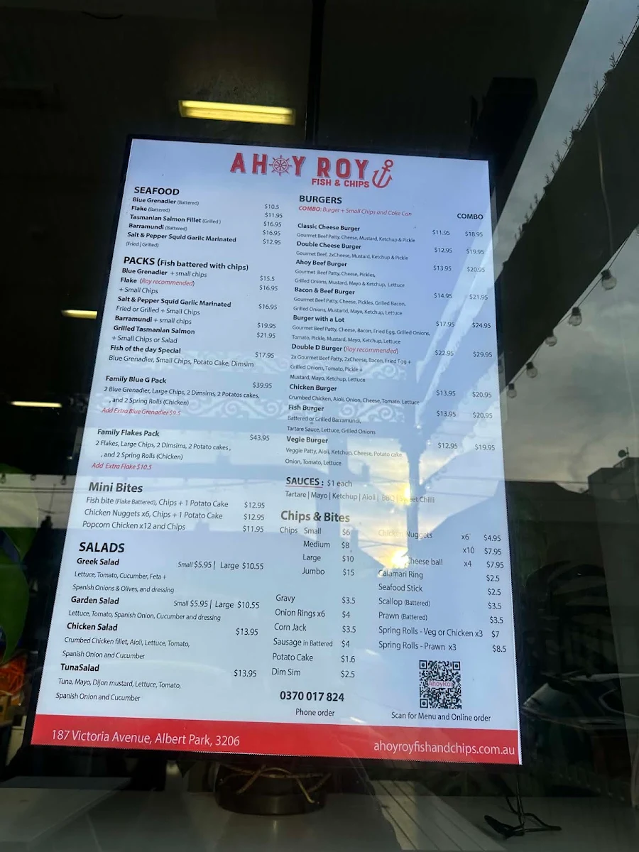 Menu, Ahoy Roy Fish and Chips