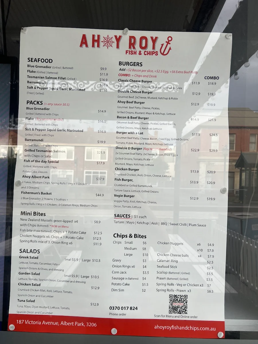 Menu, Ahoy Roy Fish and Chips
