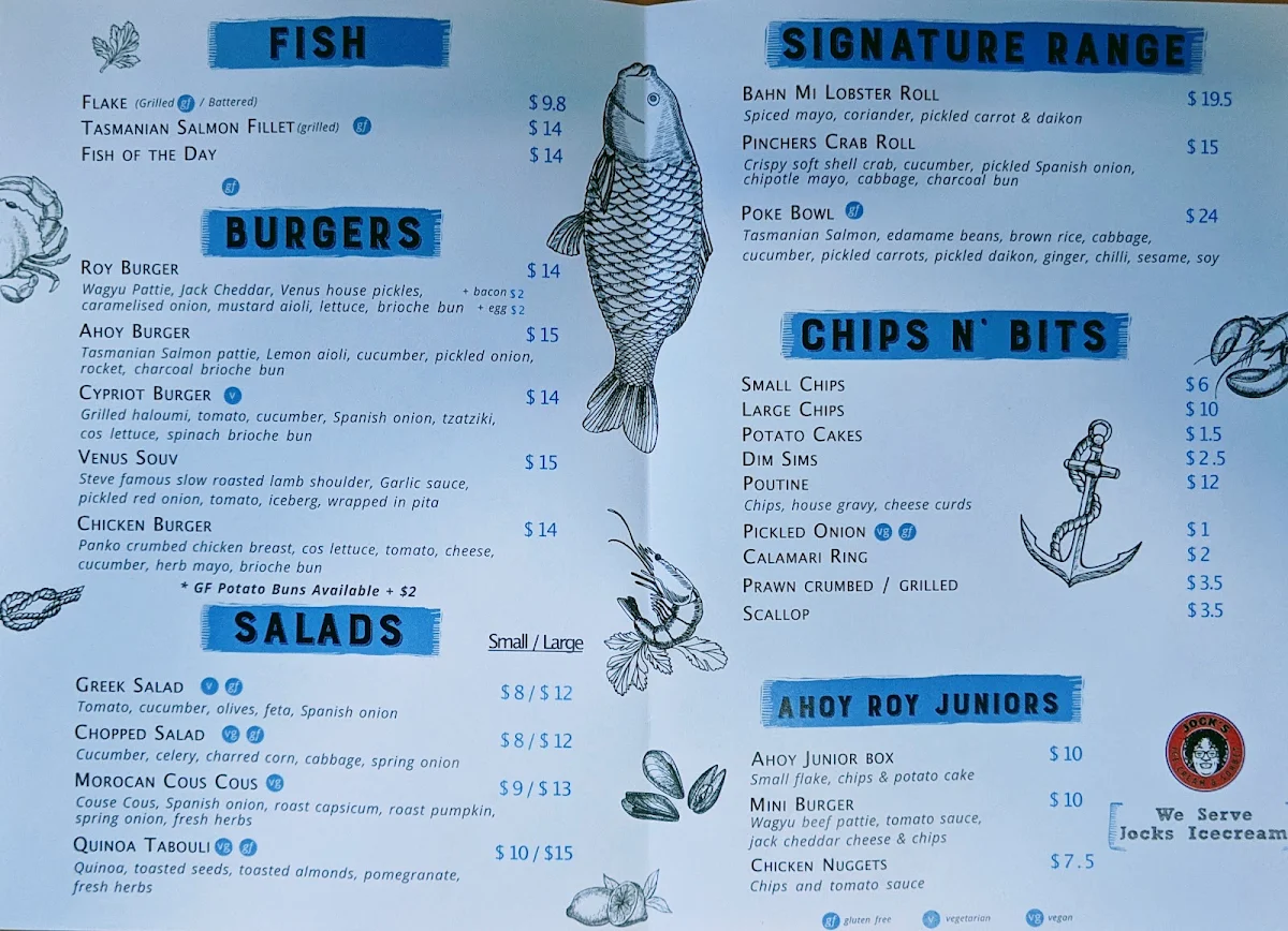 Menu, Ahoy Roy Fish and Chips