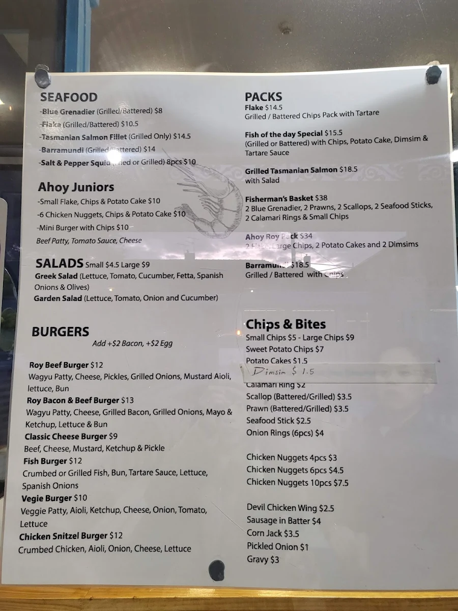 Menu, Ahoy Roy Fish and Chips
