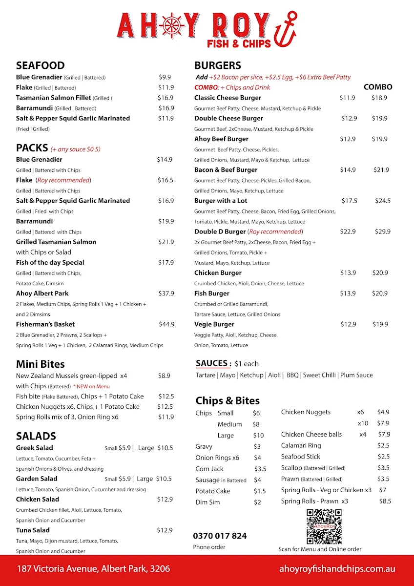 Menu, Ahoy Roy Fish and Chips
