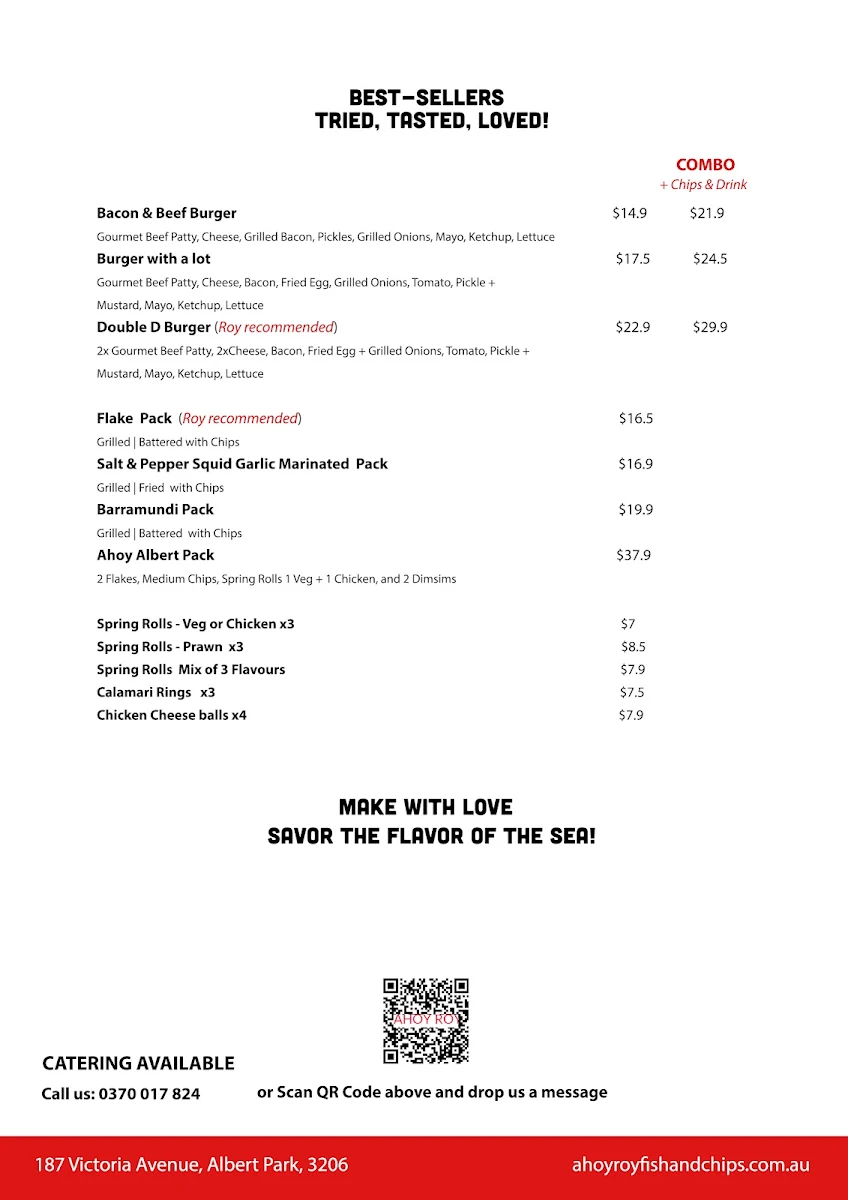 Menu, Ahoy Roy Fish and Chips
