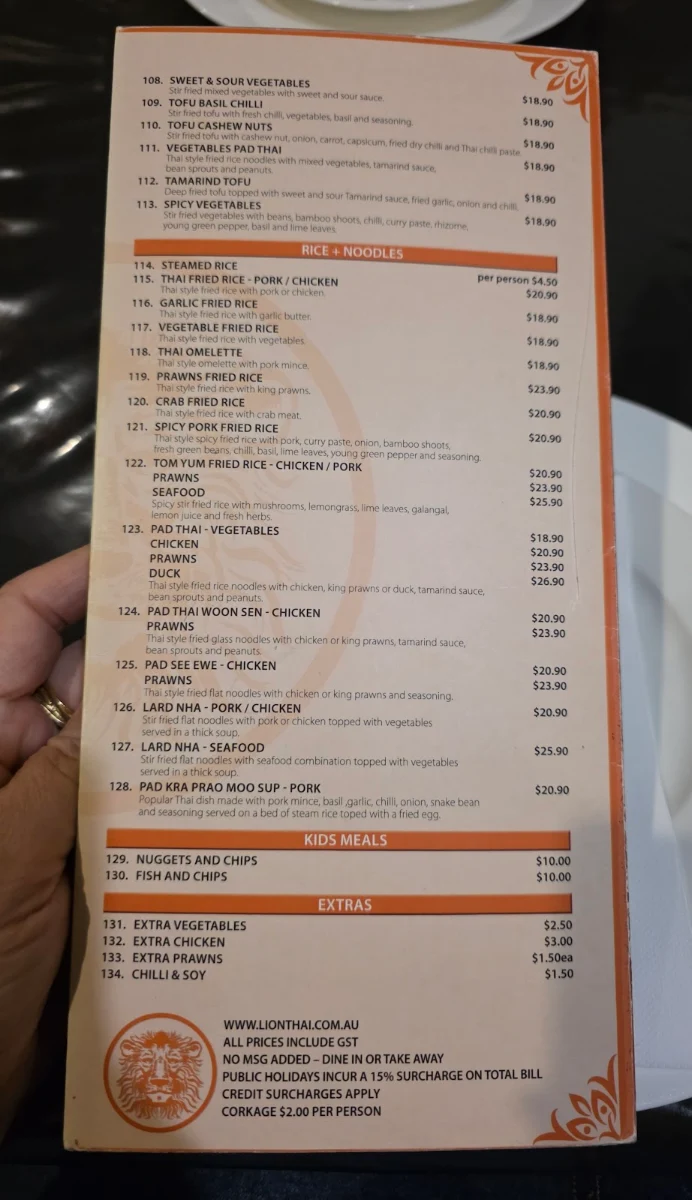 Menu, Lion Thai